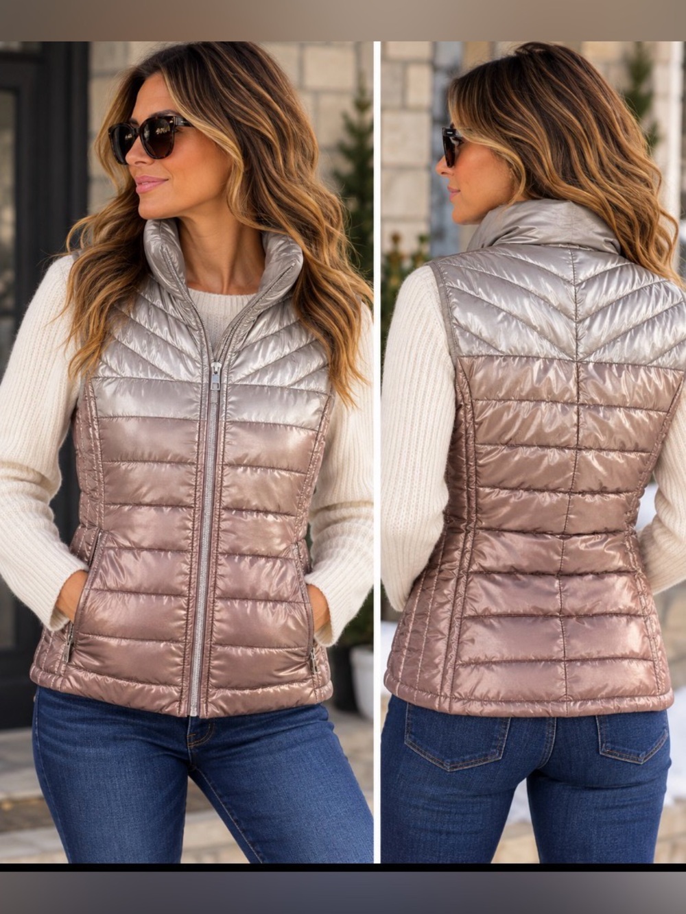 GAP Metallic Rose Gold Puffer Vest Quilted Zip Front Size L